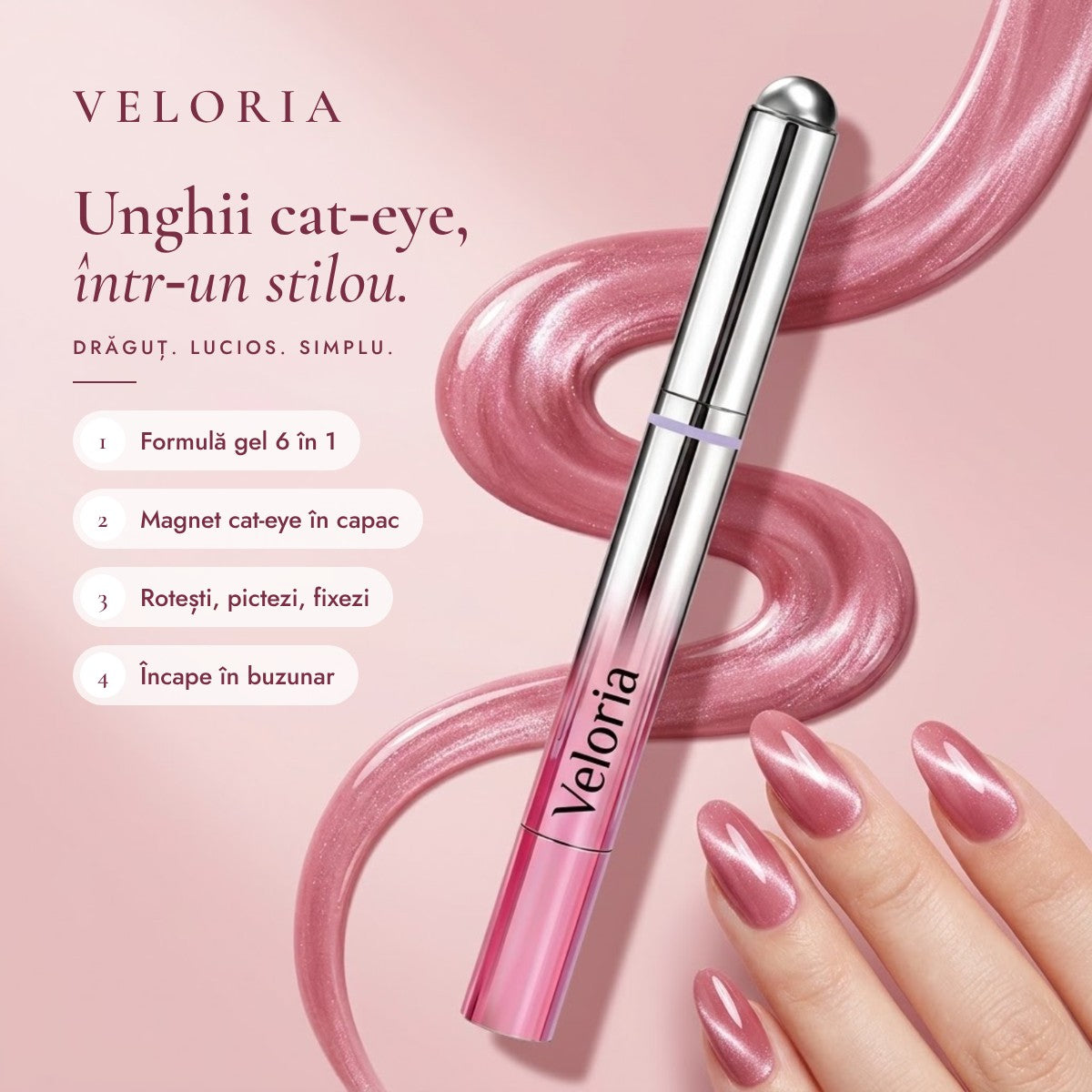 Veloria – stilou cu gel cat-eye + lampă UV mini