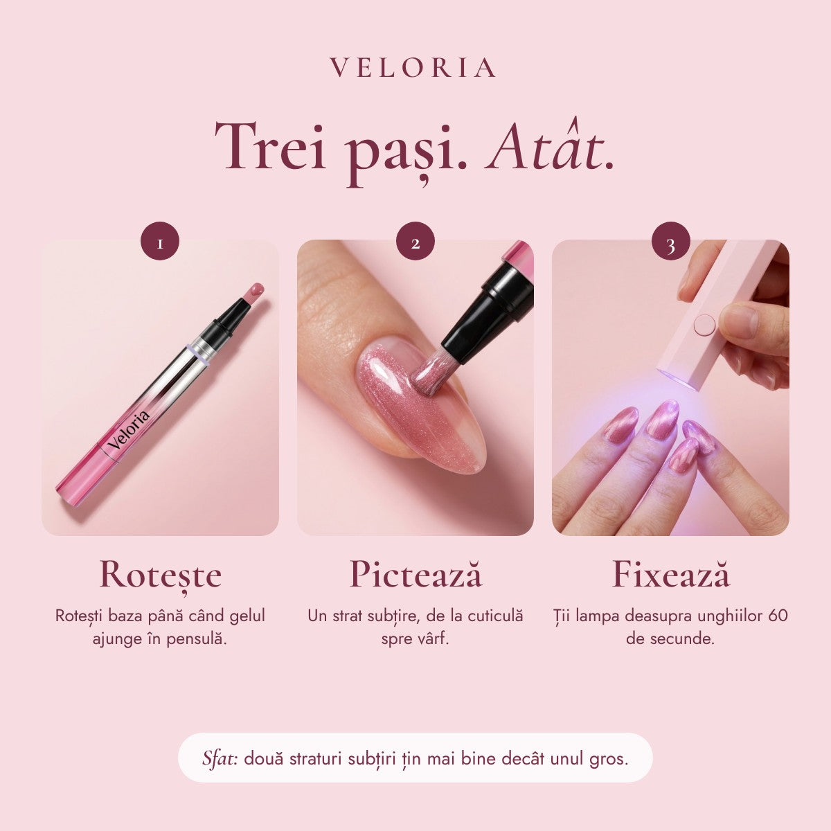 Veloria – stilou cu gel cat-eye + lampă UV mini