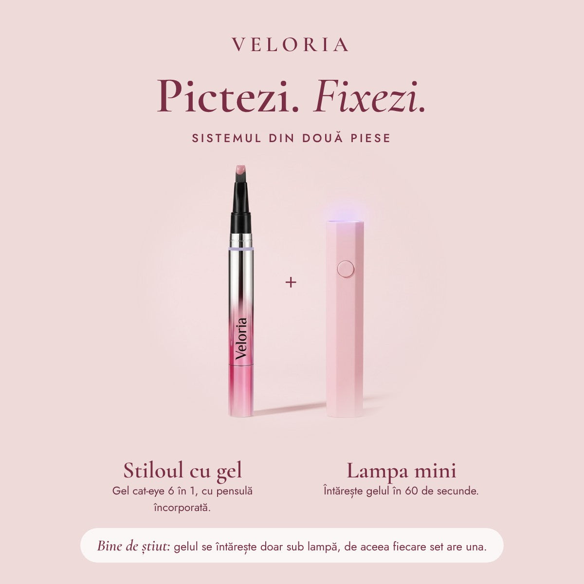 Veloria – stilou cu gel cat-eye + lampă UV mini